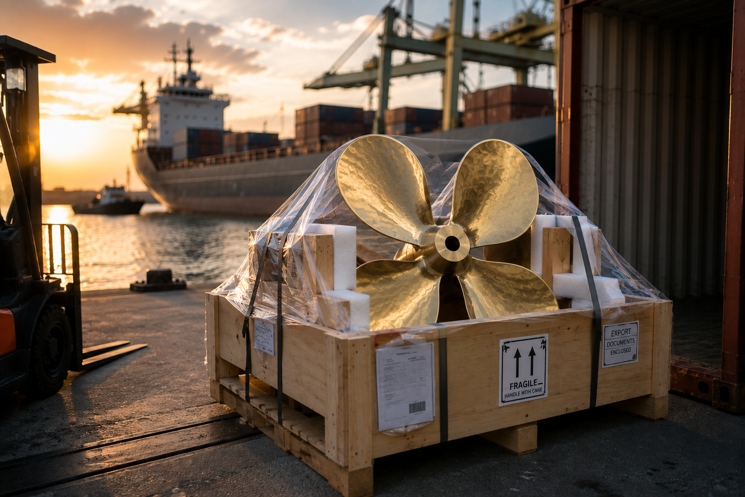Brand new OEM five-blade marine propeller delivered directly from the manufacturer inside its protective wooden shipping crate