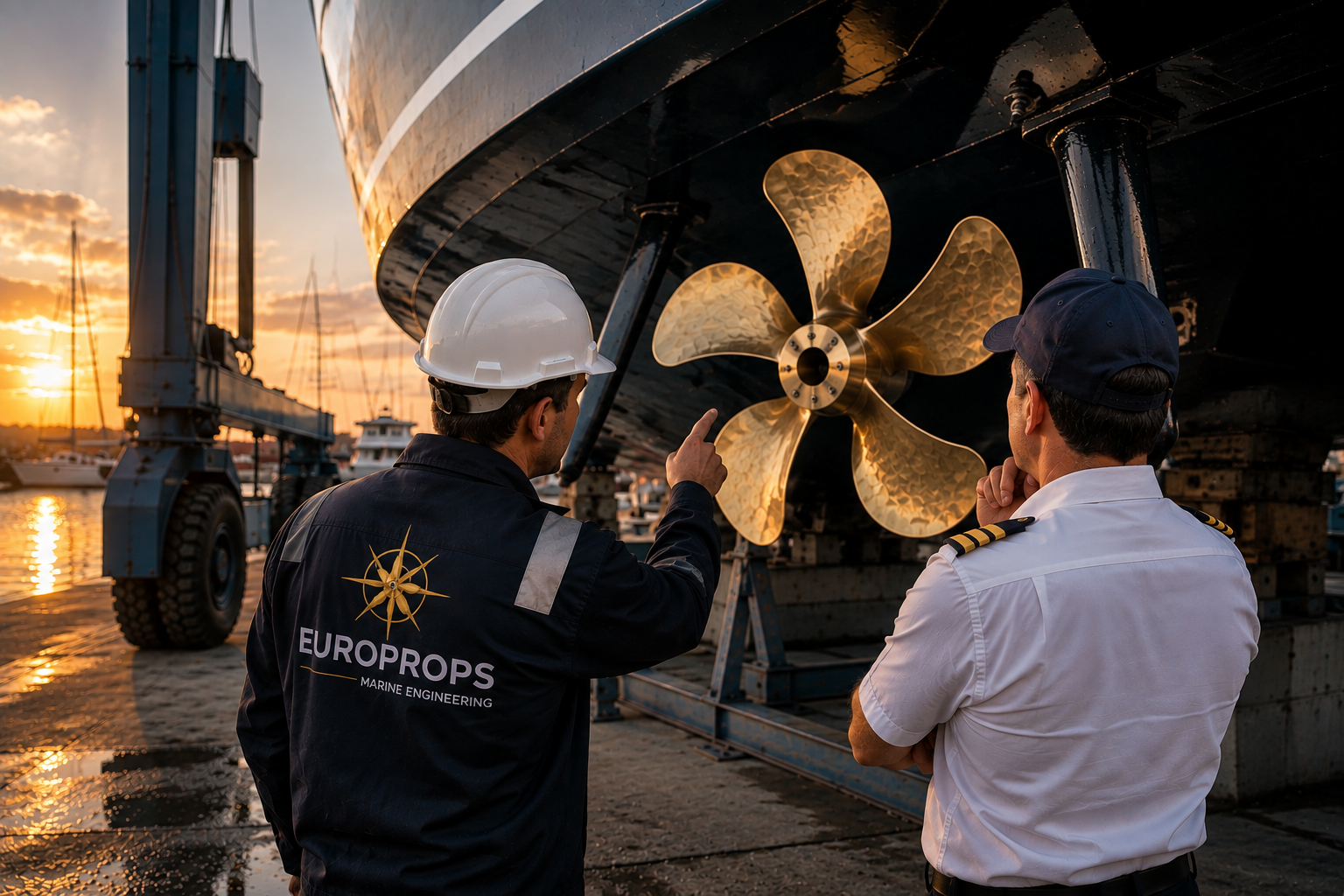 Brand new OEM five-blade marine propeller delivered directly from the manufacturer inside its protective wooden shipping crate