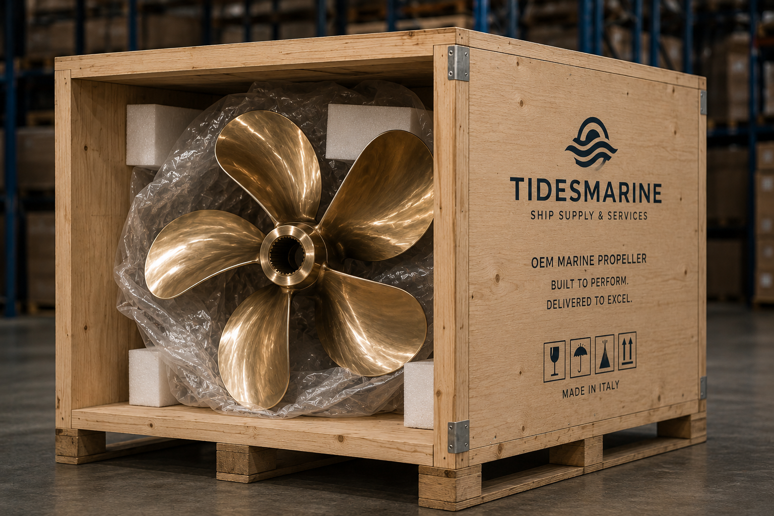 Brand new OEM five-blade marine propeller delivered directly from the manufacturer inside its protective wooden shipping crate