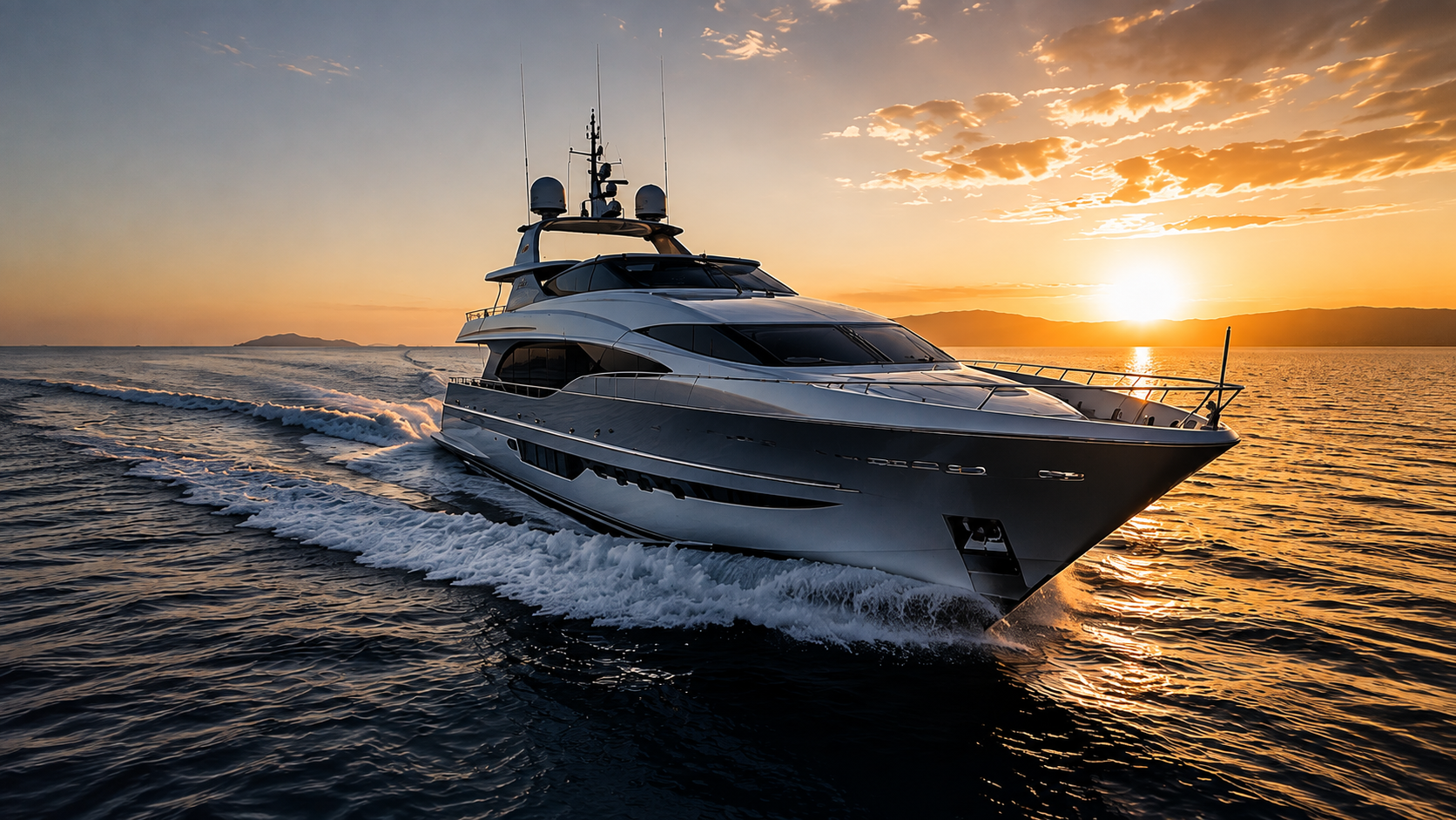 Luxury yacht navigating at sunset