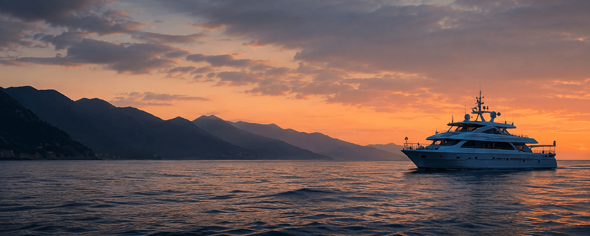 Luxury yacht navigating open water at sunset