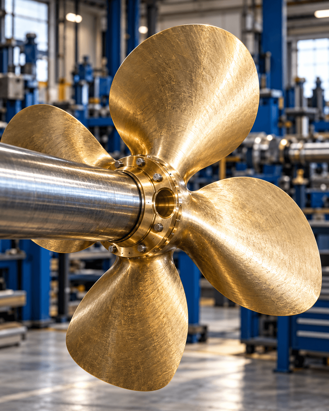 Hélice marina de bronce instalada sobre un eje en un taller de ingeniería