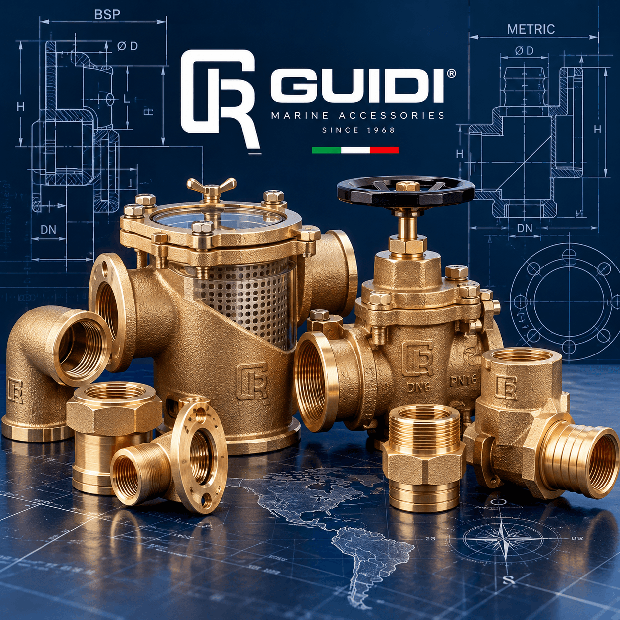 Componentes marinos de bronce GUIDI, conexiones británicas y métricas