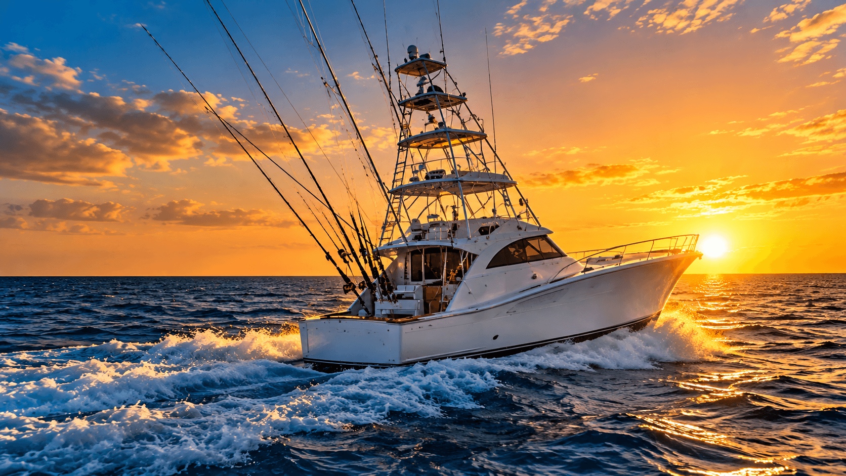 Yate de pesca deportiva personalizado navegando al atardecer